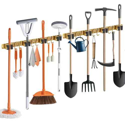 Mop Broom Holder Wall Mount, 2 Packs Gold Stainless Steel Tool Storage Organizer for Kitchen Garden Garage Laundry Room Bathroom and RV with 4 Slots 6 Hooks