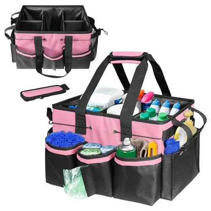 Cleaning Caddy Tote with Removable Dividers - 17.8x12.2x9.3in Waterproof Tool Organizer Bag with Handles & Adjustable Shoulder Strap for Housekeepers, Cleaners & Car Detailing Supplies (Pink)