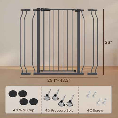 ELEVON Baby Gate for Stairs Doorways, Safety Pet Gate with Auto-Close/Hold-Open Features, Fits Openings 29.1¡± to 43.3¡±, 36¡± Tall, Easy Pressure Mounted Walk Through Baby Dog Gate, Graphite