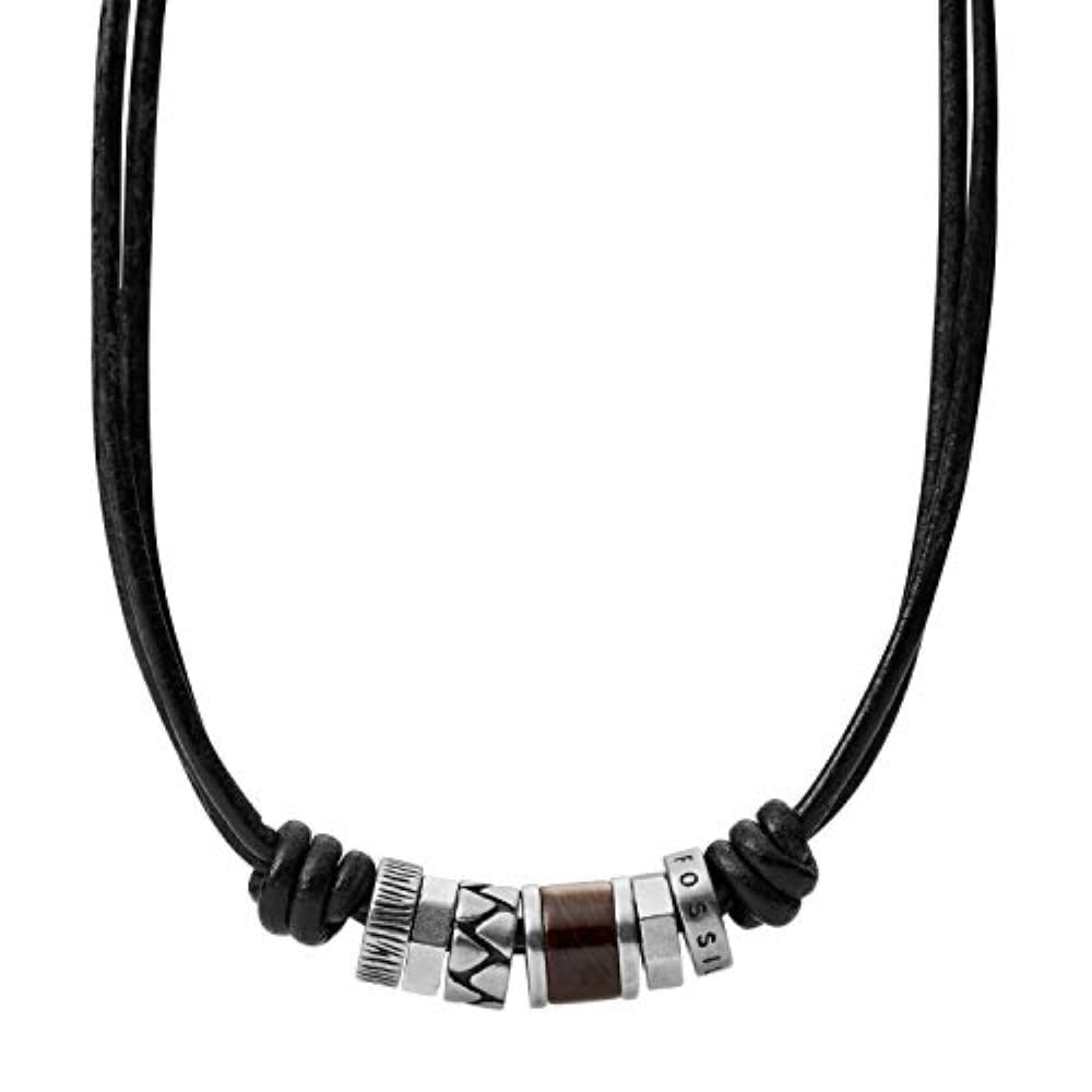 Fossil Men's Leather Men's Leather or Beaded Necklace, Color: Black/Silver/Brown (Model: JF84068040)