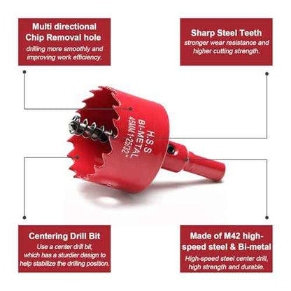 1-3/4 Inch Hole Saw for Wood, 45mm HSS BI-Metal Hole Saw for Recessed Lighting, 30mm Cutting Depth Hole Cutter with Hex Shank Drill Bit Adapter for Cornhole Boards Plastic Drywall Fiberboard, Red