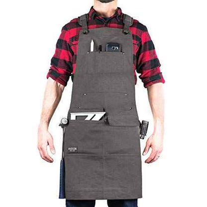Hudson Durable Goods Woodworking Edition Waxed Canvas Tool Apron for Men and Women, Heavy Duty Work Apron with Front Pockets, Adjustable Padded Straps, Quick Release Buckle, Crossback - One Size, Grey