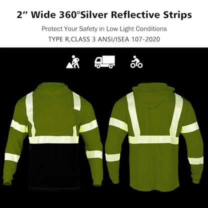 VENDACE 3pcs Safety Reflective High Visibility Long Sleeve ANSI Class 3 Hi Vis Construction Work T Shirts for Men with Hood