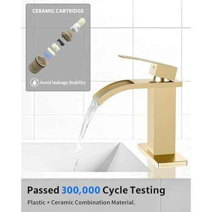 Waterfall Bathroom Faucets Single Hole Sink Faucet for 1 or 3 Hole Single Handle Vanity Basin with Deck Plate,with Pop-up Drain&Supply Lines,Brushed Gold
