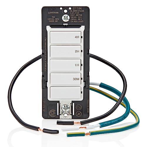 Leviton Countdown Timer Switch for bathroom fan and household lights, 5-10-15-30 min, No Neutral Required, Single Pole, 15A, 1/2 HP/9.8A Fan/Motor, DT130-1LW, White