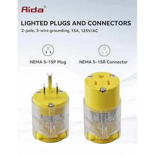 AIDA Lighted Plug and Connector Set, Straight Blade Cord End Replacement, 15 Amp 125Volt, NEMA 5-15P & NEMA 5-15R, 2 Pole 3Wire Grounding, Yellow, 5 Set