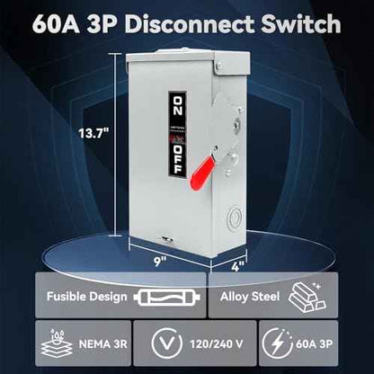 60 Amp Disconnect Box, 3 Pole Fusible Safety Switch, 110/240V, Heavy Duty Metal Structure, Reserved Knout-Outs Design, NEMA 3R Enclosure for Outdoor, 10-Year Warranty, Ideal for Commercial Application