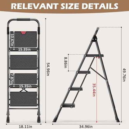 KINGRACK Step Ladder, Portable Folding Step Stool with Anti-Slip Wide Pedals, Heavy Sturdy Steel with Handrail, Safe-Lock Design, 800lbs Load Capacity, for Home and Kitchen, Black (4 Step Ladder)