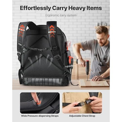 VEVOR Tool Backpack, 64 Pockets, Heavy-duty Tools Storage Organizer Work Bags Backpack with Laptop Compartment & Molded Base, Electrician Jobsite Backpack for Electrician, Repairman, and HVAC Techs