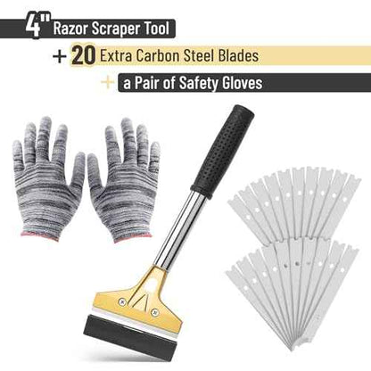 Bates- Razor Blade Scraper Tool, 4 Inch, Floor Razor Scraper Tool with 20 Extra Carbon Steel Blades and a Pair of Safety Gloves