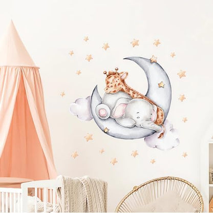 Cute Sleeping Baby Elephant Giraffe Wall Stickers, sacinora Moon and Stars Cartoon DIY Wall Decals Removable Vinyl Peel and Stick for Kids Baby Nursery Bedroom Toddler Room Art Decorations