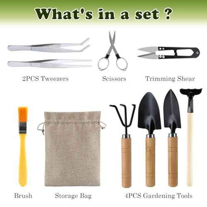 9 Piece Basic Bonsai Tools Set, Includes Pruning Shears, Mini Rake, Fold Scissors and More