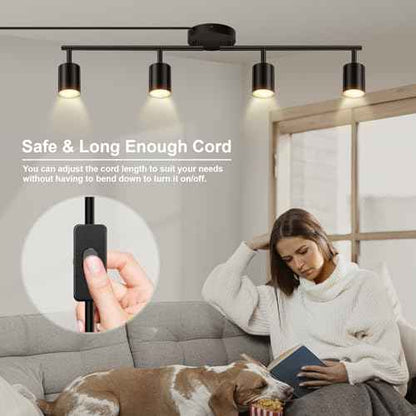 Plug in Track Lighting, LED Track Lighting Fixtures Ceiling, Black 4-Light Kitchen Light Kit, Plug in Wall Light with 14.8ft Power Cord, Rotatable Ceiling Spotlight for Bedroom(GU10 Socket, NO Bulb)
