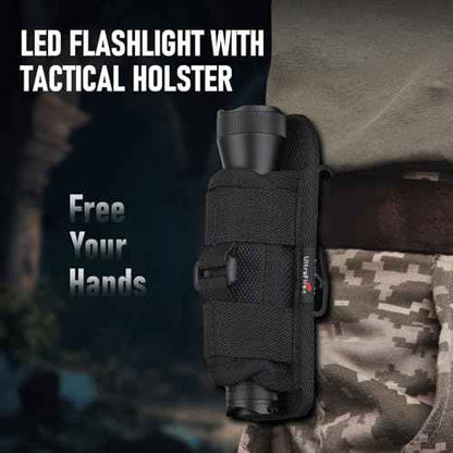 ULTRAFIRE Tactical Flashlight with Holster, 1350 High Lumens Law Enforcement & Police Flashlight, Rechargeable Bright Zoomable LED Flash Light with Duty Belt Holster E5
