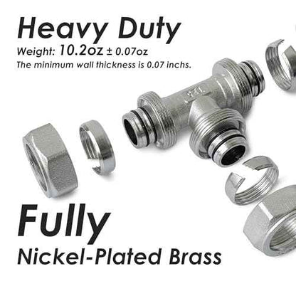 3/4 Brass-Nickel Plated Equal Tee Fitting for 3/4" Tubing (25mm OD) Compatible with Compressed Air Piping System, Compressor Accessories for Shop Garage Air Line System#F3024 | 2PCS
