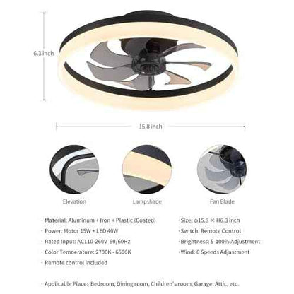 PUSU 15.8" Low Profile LED Ceiling Fans with Light, Reversible Flush Mount with Remote and 6 Winds Speeds Fan Lighting, 3 Colors Dimmable for Bedroom, Garage, Kids, Dinning Room, Kitchen (Black)