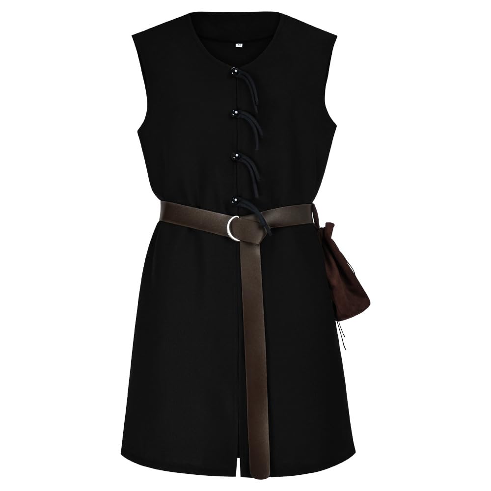 Mens Medieval Tunic Renaissance Pirate Vest Knight Warrior Sleeveless Shirt Halloween Viking Costume with Wristband(Black,S)