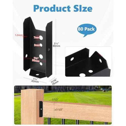 2x4 Fence Brackets for Wood Rail, 80 Pack Black Deck Railing Brackets for 2¡± X 4¡± Wood Post, Thickness 1.2mm(18 Gauge) Fence Bracket, Screws Not Included