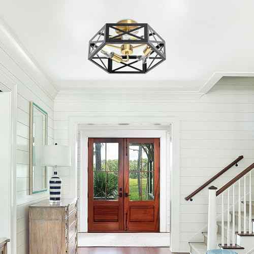 Semi Flush Mount Ceiling Light, Black and Gold Light Fixtures Ceiling Mount with Hexagon Cage, Metal Industrial Close to Ceiling Light for Hallway, Kitchen, Bedroom (Black and Gold, 14.56''L)