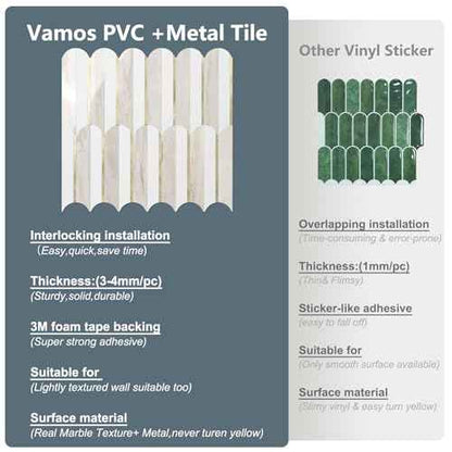 Vamos Tile Peel and Stick Backsplash Seamless Tile for Kitchen and Bathroom,White and Glossy Wooden Marble PVC Mixed Light Gold Self Adhesive Fish Scale Metal Mosaic Tiles (10 Sheets)