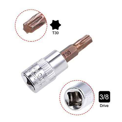 uxcell 3pcs 3/8" Drive x T30 Torx Bit Socket, S2 Steel Bits CR-V Sockets 38mm Length Use with Ratchet Wrench, Slide Bar, Extension Rod