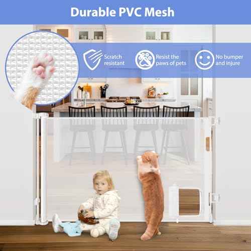 Retractable Baby Gate with Cat Door 55" Wide Retractable Baby Gate for Stairs Mesh Baby Gate with Pet Door Retractable Dog Gate for The House Retractable Pet Gate with Door Safety Gates for Toddlers