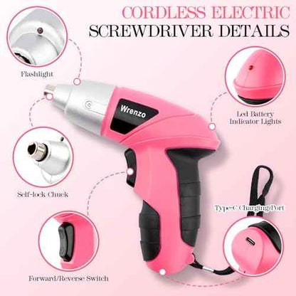 Drill Set, Cordless Drill, Small Tool Kit, 112pc 3.6V USB Tool Set, Tool Kit for Dorm, Cordless & Rechargeable, Pink Home Toolbox for Women, DIY Toolbox