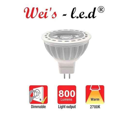 wei's-l.e.d 8W MR16 GU5.3 Led Bulbs, High Power, 800 Lumens, 38 Degree, Replace 85W Halogen Equivalent, 12V Low Voltage, Dimmable! 6 Pack. 2700K or 5000K, Warm White or Daylight (2700K Warm White)