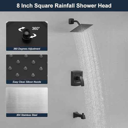 Tub Shower Faucet, Matte Black Shower Faucet Set with 8-Inch Square Rain Shower Head and Tub Spout, Brass Shower System Bathtub Shower Faucet Set Complete, Tub shower faucet set with valve