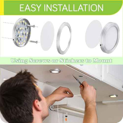 Under Cabinet LED Puck Lights Kit, Kitchen Hutch Shelf Lighting, Parallel Connection, 120VAC Wall Plug & Hardwired, Remote Control Dimmable, Warm White, 16 Lights
