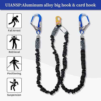6ft Safety Lanyard Double Leg Internal Shock Absorbing Safety Fall Protection Lanyard with Rope Harness Safety Lanyard Dual Rebar & Snap Hook Roofer Fall Protection Equipment£¨Aluminium Alloy£©