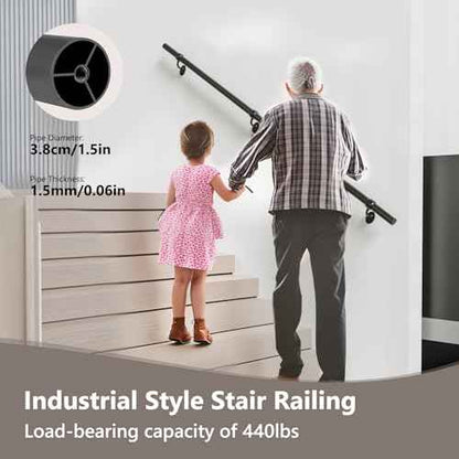 Stair Railing Indoor 6 Feet Hand Rails for Indoor/Outdoor Steps 1.5" Round Porch Railing Wall Mount Aluminum Hand Rails for Indoor Stairs Industrial Staircase Handrails