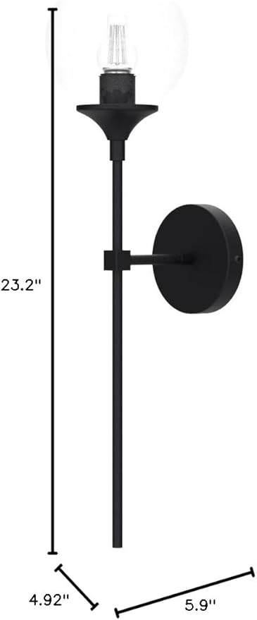 KCO Lighting Mid Century Modern 1-Light Wall Sconce Lighting Set of Two Matte Black Globe Vanity Wall Light Fixture Set of 2 Amber Glass Bathroom Wall Lamp Industrial Long Pole Wall Sconce