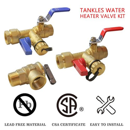 Xiny Tool 3/4-Inch IPS Isolator Tankless Water Heater Service Valve Kit with Pressure Relief Valve, Clean Brass
