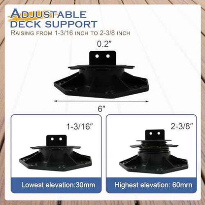 24Pack Adjustable Deck Support Pedestal, Plastic Adjustable Deck Foundation Base, Height Adjustment Raising from 1-3/16" to 2-3/8", Black