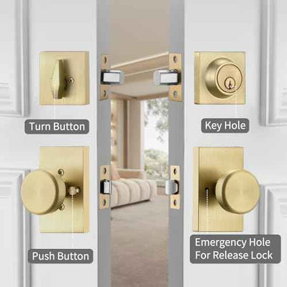 Gold Door Knobs Interior with Lock, Satin Brass Exterior Door Lock Set with Deadbolt