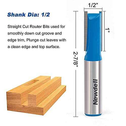 Straight Cut Router Bits, Newdeli 3pcs 1/2 Shank Double Flute Straight Router Bit Set Straight Dado Wood Milling Cutter with 1/4", 3/8", 1/2" (Dia.)