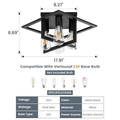 4 Light Industrial Ceiling Light Black Semi Flush Mount Lights Close to Ceiling Light Fixtures,frame cage design Farmhouse Ceiling Lighting for Kitchen Bedroom Bathroom Foyer Hallway (E26, 1Pack)