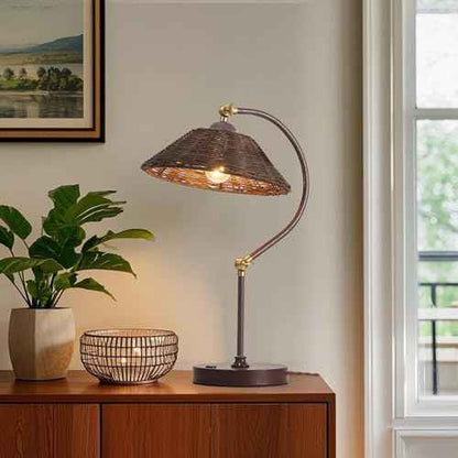 Woven Rattan Bedside Table Lamp for Bedroom, Boho Plug in Handmade Rattan Shade & Anti-Rust Iron Base Desk Lamp, Plug & Play Vintage Dark Brown Nightstand Lamp for Living Room, Office ¡¼Bulb Included¡½