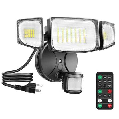 iMaihom 65W 6500LM Motion Sensor Outdoor Light, Plug In LED Security Lights 3 Heads Motion Detection Outdoor Light, Dusk to Dawn, IP65 Waterproof Flood Light with Remote Control for Yard Garage(Black)