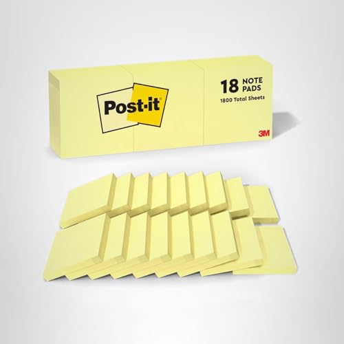 Post-it Notes, 3 in x 3 in, 18 Sticky Notes Pads, 100 Sheets per Pad, The Iconic Canary Yellow Note, School Supplies and Oﬃce Products