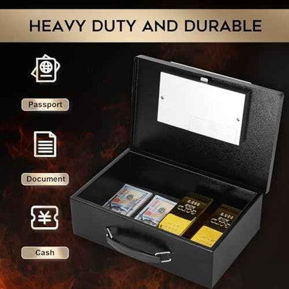 Dalmbox Portable Metal Safe Box with Digital Code Lock,Fire Resistant Storage for Documents, Fireproof Safe Box, Car, Home, Office and Outside, Black Box£¬ Medium