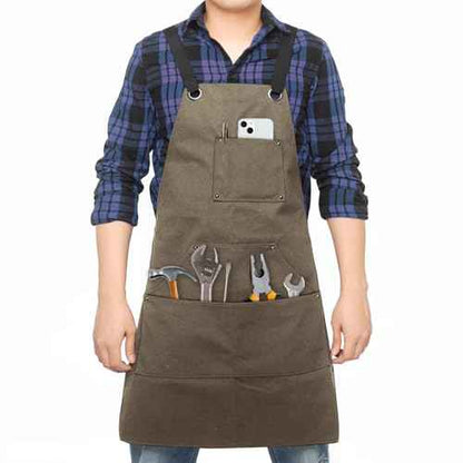 Adjustable Work Apron for Men,Heavy Duty Canvas Shop Apron Crossback with Tool Pockets (Brown)