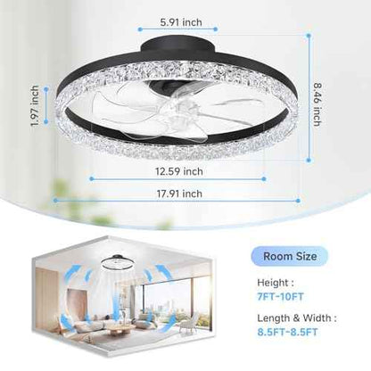 FOLKSMATE Ceiling Fan with Light and Remote, Low Profile Flush Mount Crystal Fandelier, Modern 6 Speeds Quiet Reversible, 2800-6500K Dimmable LED, Timer Fan Light for Bedroom Living Room Kitchen