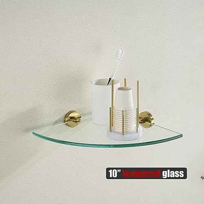 JQK Corner Glass Shelf, Brushed Gold Bathroom 304 Stainless Steel Shower Triangle Floating Wall Shelf, 10 x 10 Tempered Glass, 3 Pack, TGS190L10-BG-P3