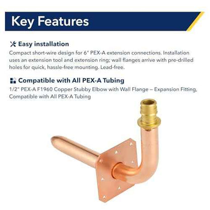 Copper Stub Out Elbows with Wall Flange Stub Out 1/2"-6inch Lengh Easy to Install, Lead-Free-PEX Stub Out Accessories, ASTM F1960£¨10pcs£©