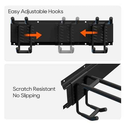 Wall Mount Garage Storage | Garden Tool Organizer | 350 lb Capacity Adjustable Steel Rails with 6 Rubber-Coated Hangers | Rustproof Carbon Steel Storage Rack for Garage, Shed & Outdoor Tools
