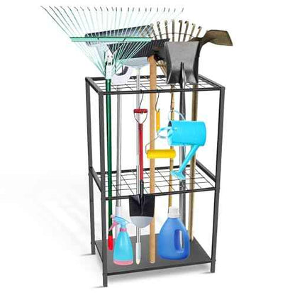 Garden Tool Organizer - Yard Tool Storage and Organizers, Utility Rack with 3 Hooks, Garden Yard Tool Stand Tower Racks, Tool Holder for Broom, Shovel, Rake, Mop, Garage Organization, Black