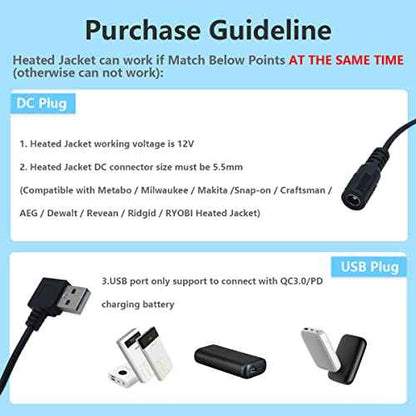 Heated Jacket Adapter Charger USB Voltage Step Up Cable for Milwaukee, M12, Snap-on, Metabo, Craftsman, AEG, Makita