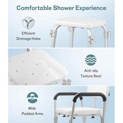 Shower Chair for Elderly and Disabled with Padded Armrests and Back, Adjustable Height Shower Seat, Easy to Assemble Heavy Duty Shower Chairs for Inside Shower, Handicap